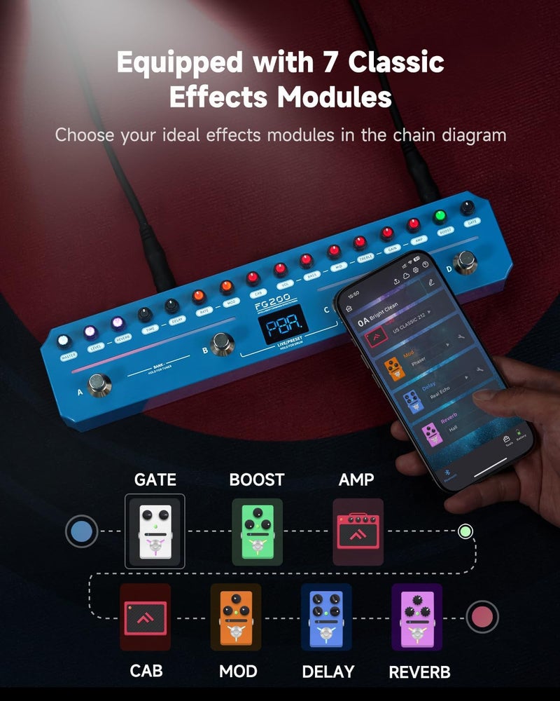 FLAMMA FG200 Intelligent Multi-Effects Guitar Pedal with 52 AMP Models 5 BOOST Models 16 CAB Simulations 7 Effects Modules 9 IR Slots 40 Presets 40 Rhythm Styles Support APP OTG - Image 2